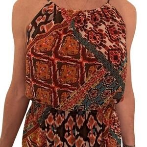 Boho Chic Maxi Dress Sleeveless Orange‎ Brown Print Summer Beach Vacation